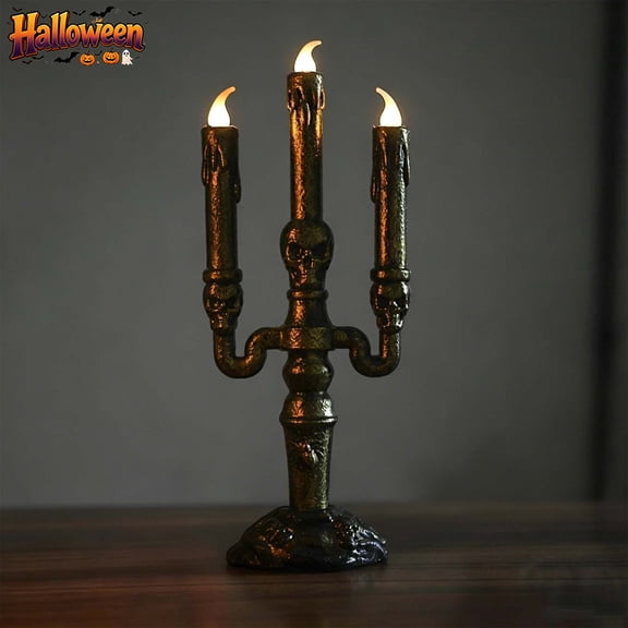 3 Head Skeleton Gold Candelabra LED Flickering Candle Lamp, Vintage Gothic Plastic Halloween Electronic Candlestick, Indoor Outdoor Fall Mantel Table Porch Spooky Seasonal Party Decor Holiday Gift