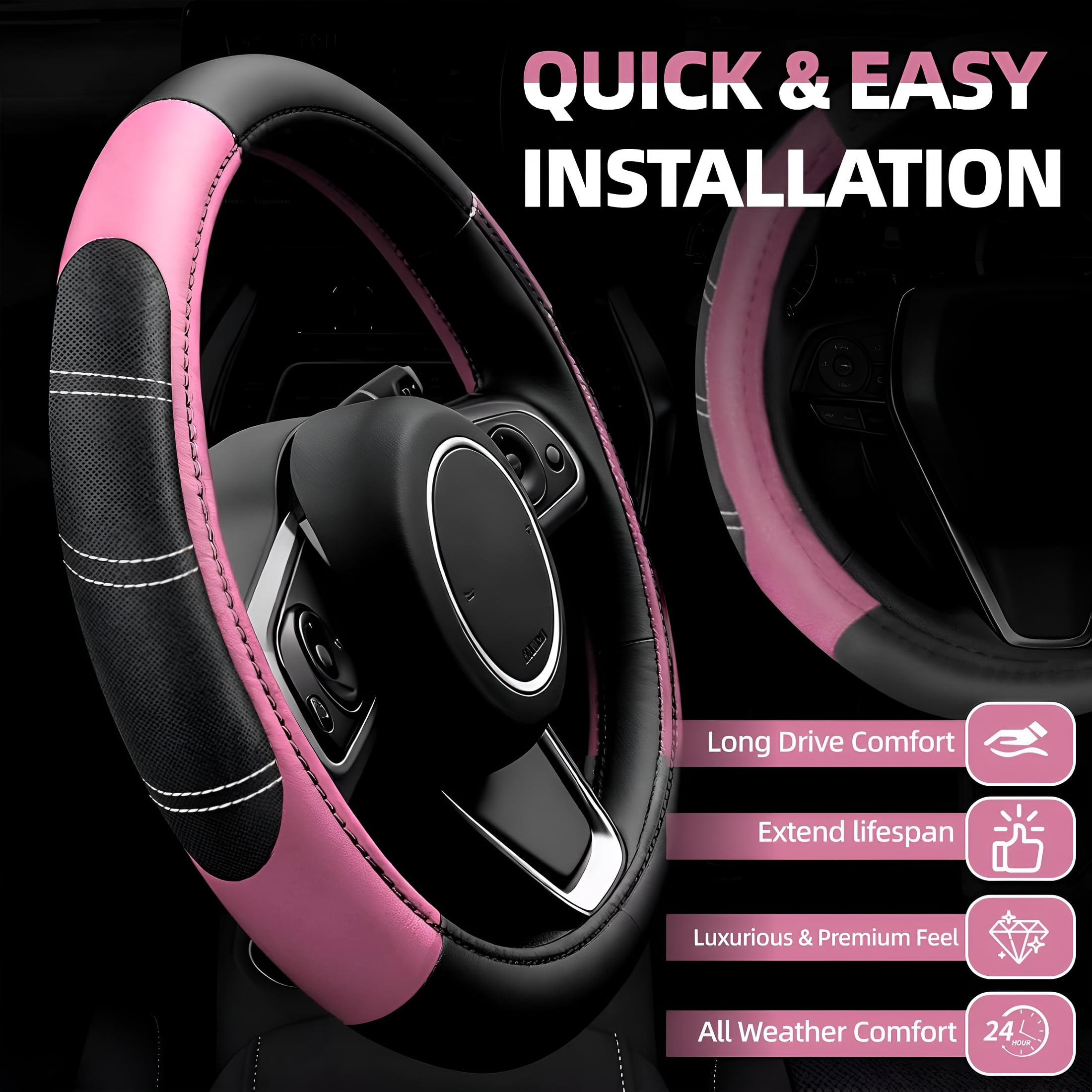 LADYGYM 2026 New 6 Pcs Pink Car Accessories Set,Sport Leather Steering Wheel Cover 14.5-15Inch Universal,Microfiber Leather Car Center Console Cover,Seat Belt Cushion,Cup Holder Coaster(Black-Pink)