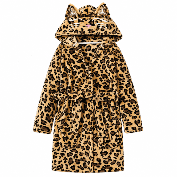 Lalune Duciel Girls Hooded Flannel Bathrobe with Embroidered Cat Design, Soft Kids Robe, Brown Leopard, Size 7-8Y