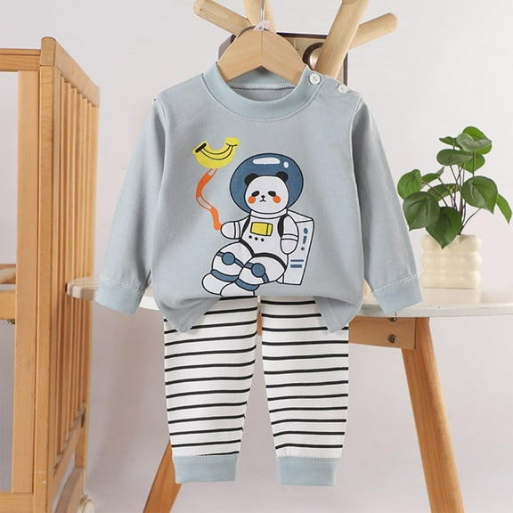SYMOID Kids Boy 2-Piece Outfit Set, Gray Panda Astronaut Print, 100% Cotton Long Sleeve Top & Striped Pants,Size 5 T