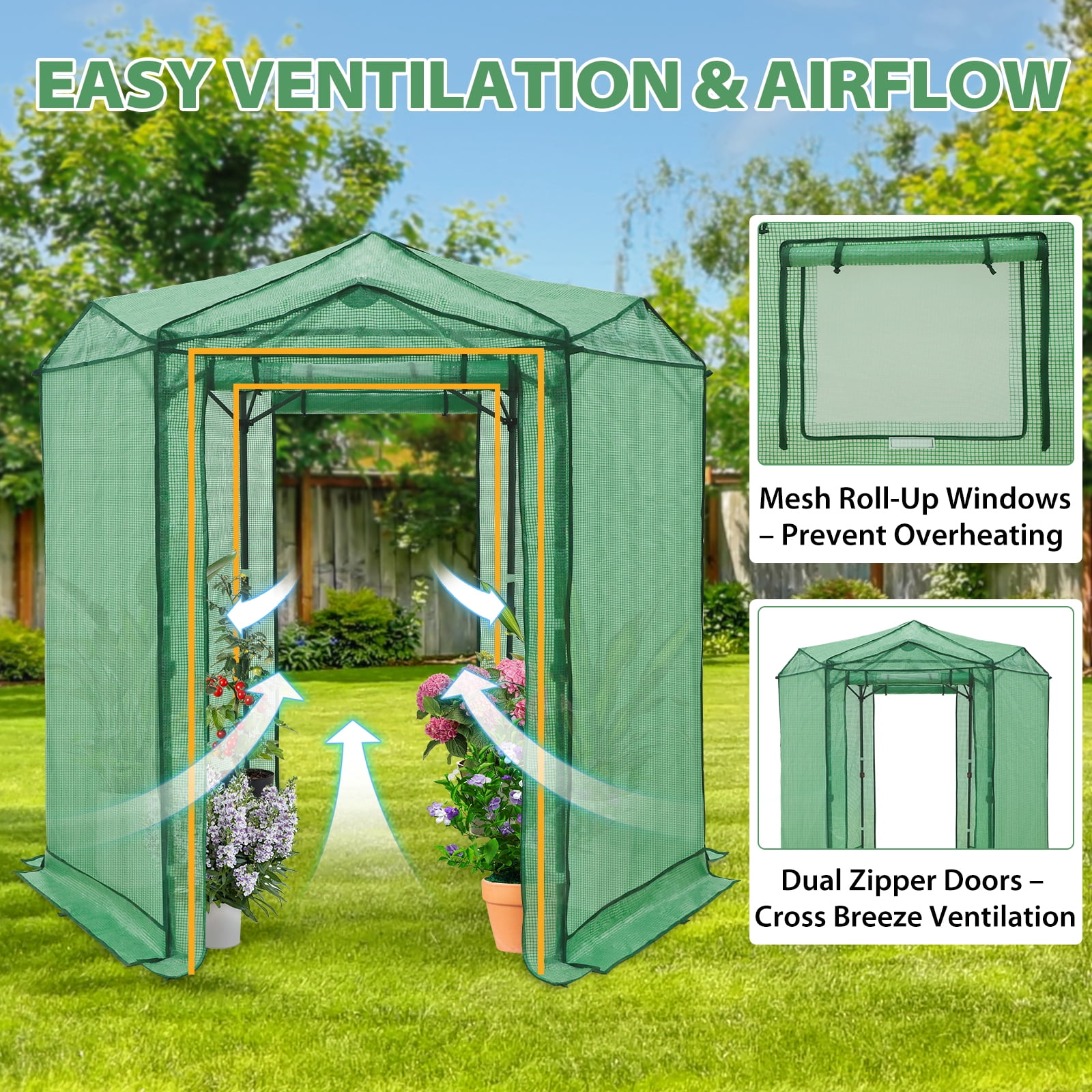 EAGLE PEAK 6.6x6.6 ft Hexagon Pop up Greenhouse, Portable Walk-in Grow Tent, All-Weather Plant Shelter, Green