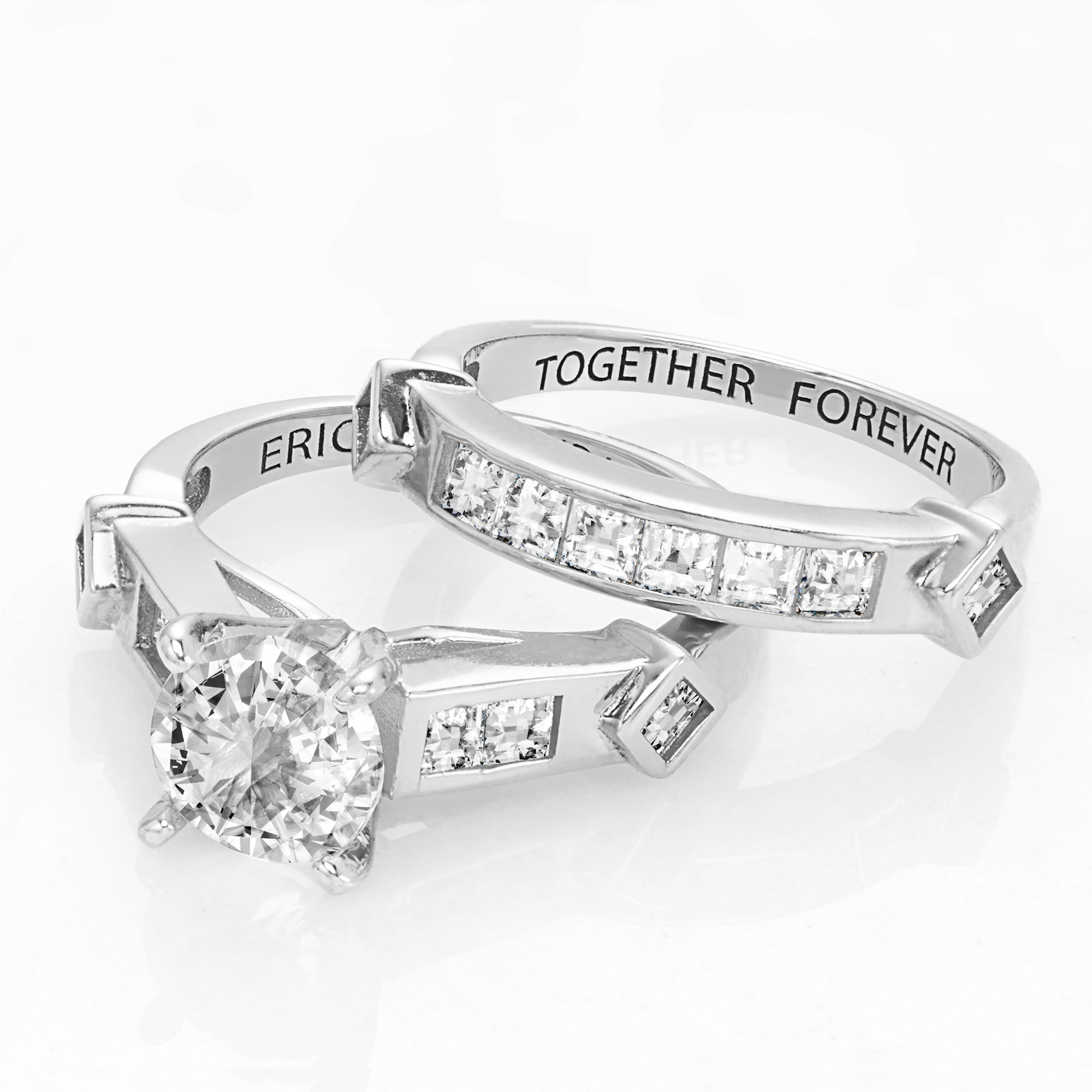 Vow & Forever Personalized Planet Bridal Platinum over Sterling Silver Brilliant White Topaz 2 Piece Engraved Wedding Set ,Women's