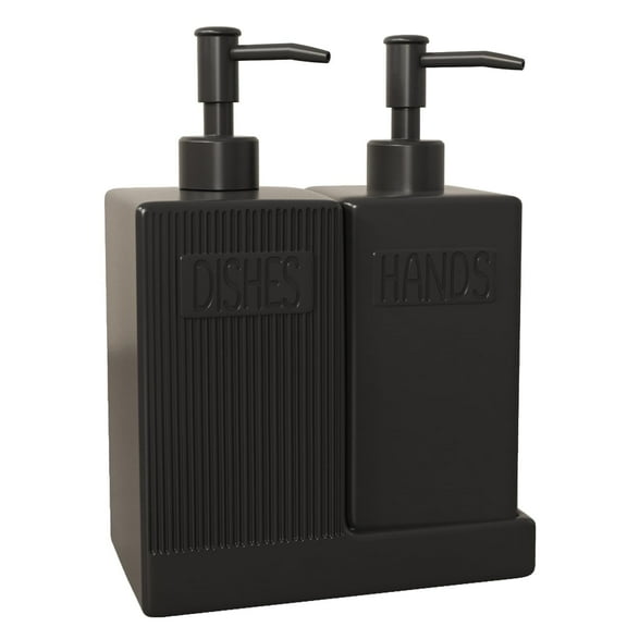 Arikago Soap Dispenser, 2 Pack Ceramic Dish and Hand Soap Dispenser Set, Modern Refillable Liquid Bottles for Kitchen, Bathroom, Matte Black