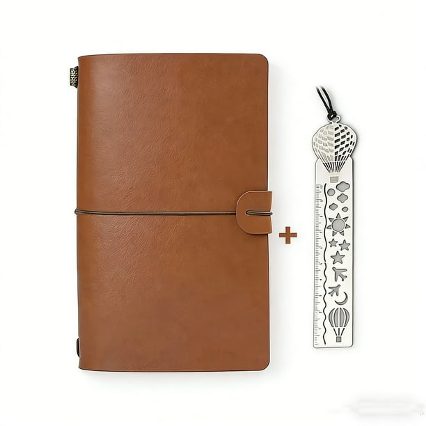 Cuaderno de Viaje Portátil Vintage A6 4.75×7.75 Pulgadas, 180 Páginas Rayadas de Papel Kraft con Separador Metálico, Regla Hueca, Bolsillos de Almacenamiento y Cierre Elástico para Escribir Diarios.