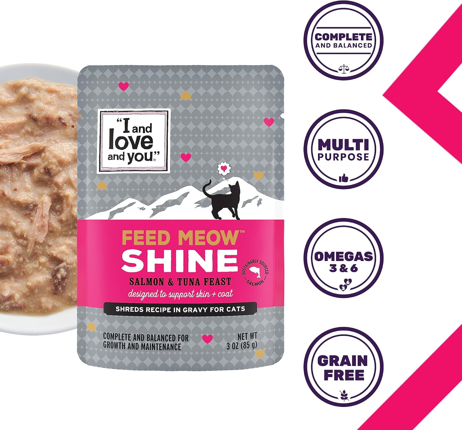 (2 pack) "I and love and you" Feed Meow Wet Cat Food Toppers, Shine Formula with Salmon and Tuna, Omegas 3 and 6 for Healthy Skin and Coat, Grain Free, No Fillers, 3oz Pouches, Pack of 12 Pouches