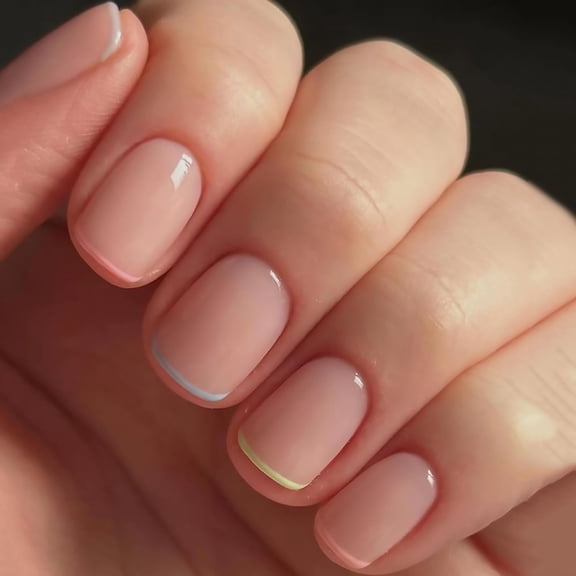 Colorful French Tip Press on Nails Short Oval Fake Nails Glossy False Nails Reusable Full Cover Stick on Nails Acrylic Coffin Artificial Nails Glue on Nails for Women Nail Art Decorations 24Pcs