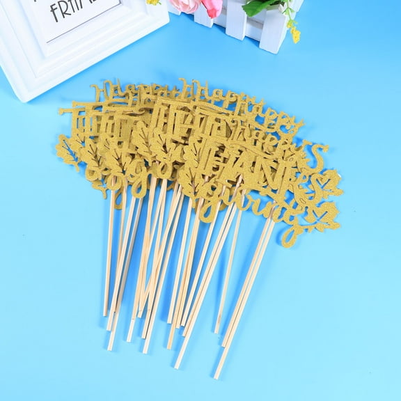 WHAMVOX Golden Thanksgiving Cake Toppers with Letters for Decoration Durable Paper Picks Suitable for Parties 10pcs