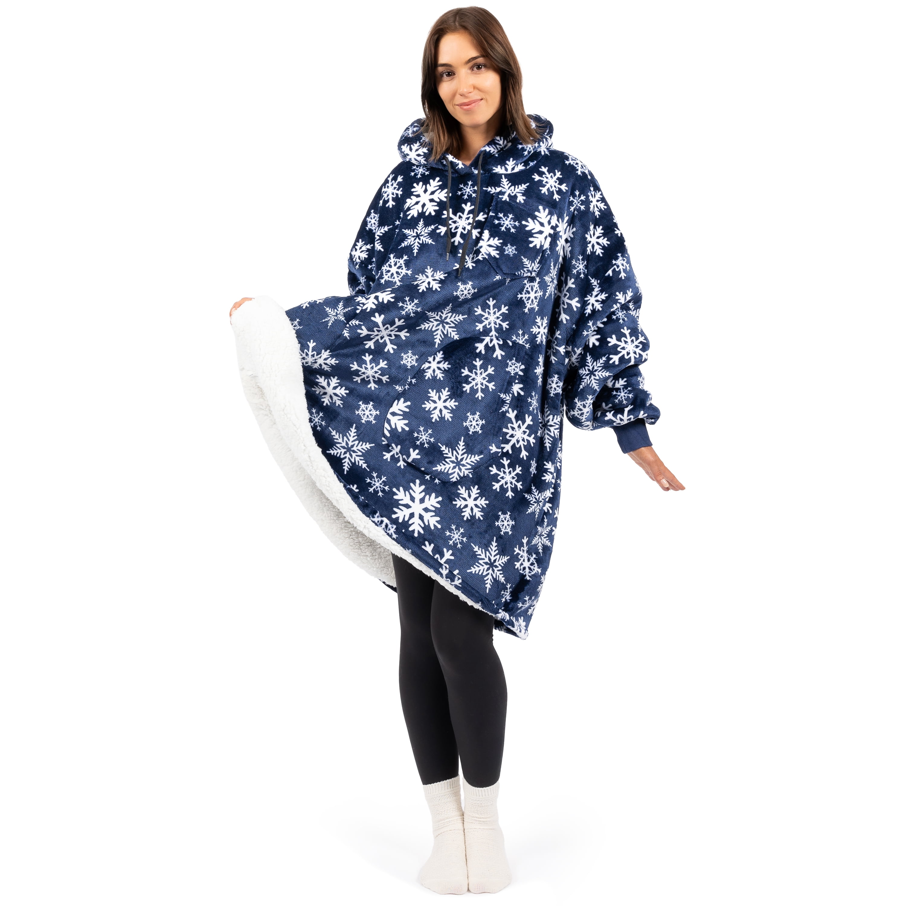 PAVILIA Blanket Hoodie for Women Blue, Sherpa Wearable Blanket Men, Cozy Oversized Sweatshirt Blanket, Warm Fleece Hooded Blanket Sweater with Sleeves and Two Big Pocket, Blue Snowflake