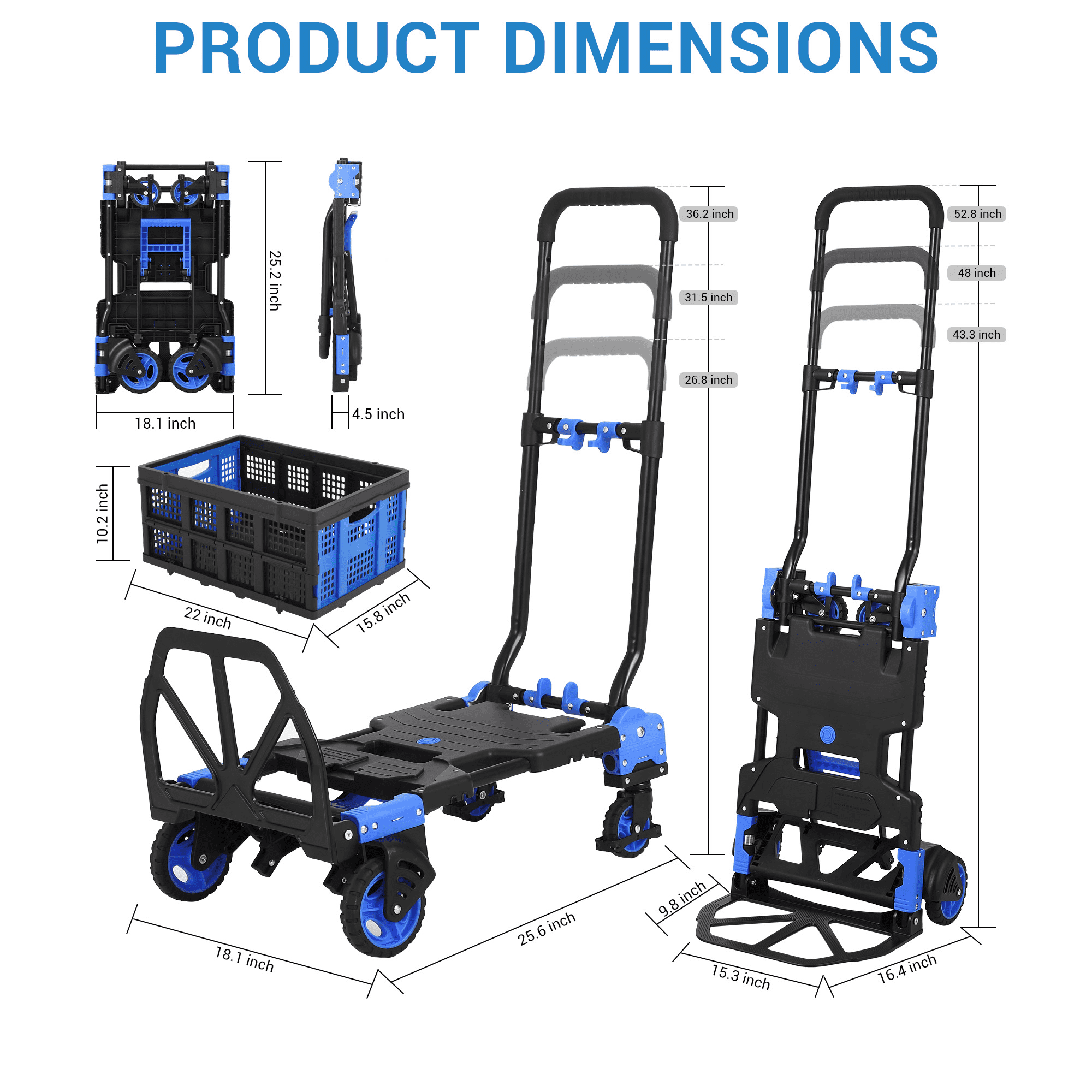 Kicctian 330 lbs Collapsible Wagon Cart with Foldable Basket, 2 In 1 Convertible Collapsible Hand Truck Dolly, with Retractable Handle, Portable Utility Cart for Office, Warehouse, Blue
