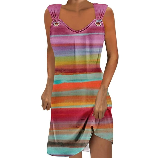 Penkiiy Printemps Dresses for Women 2024 Décontracté Imprimé Ample Sans Manches Couleur Unie Col Rond Tempérament Élégant Licou Dresses L Multicolore