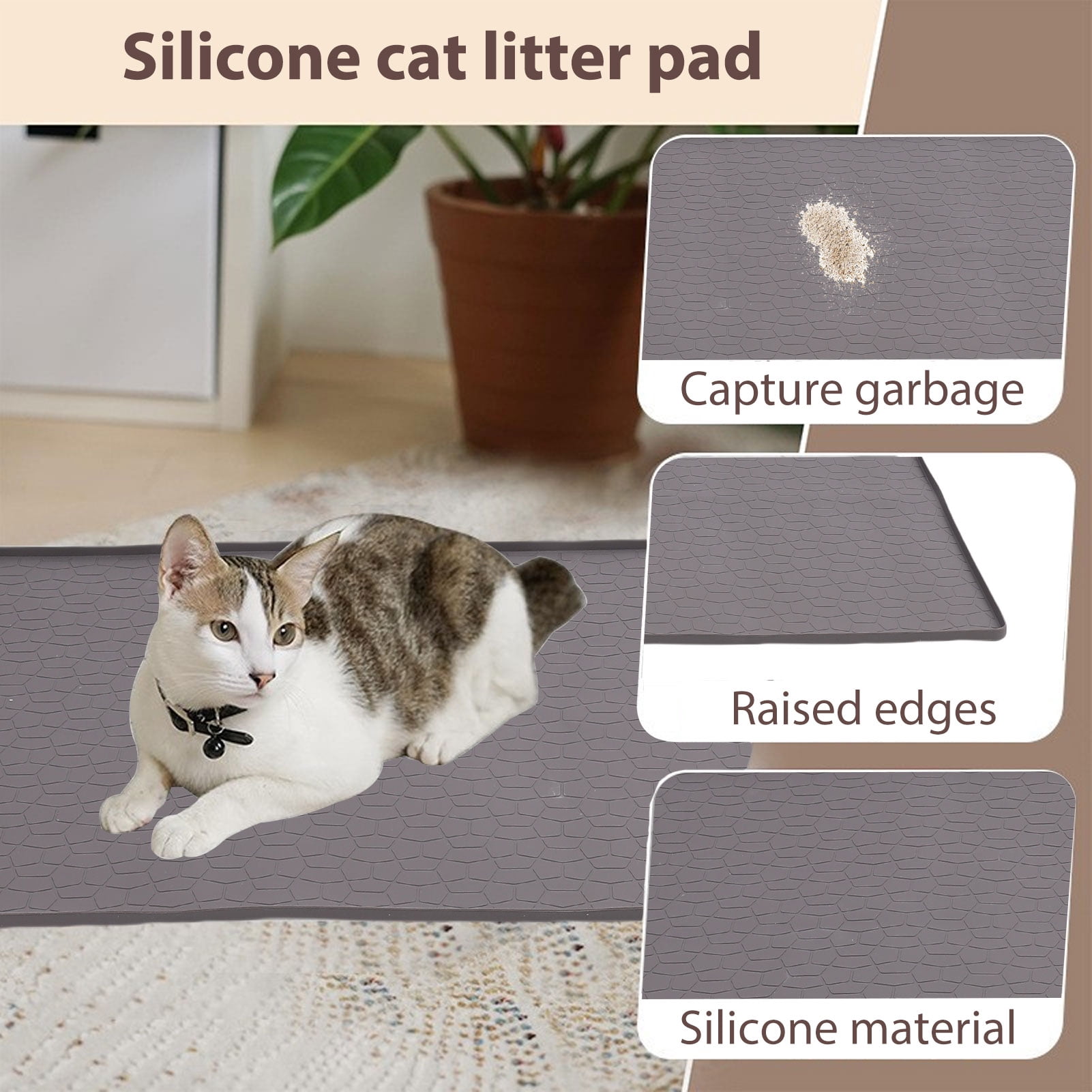 CACAGOO Large 34" X 22" Cat Litter Mat, Waterproof Silicone Pad for Floor, Thickened Silicone Cat Litter Mat Easy Clean Mat for Cat Feedi, Black