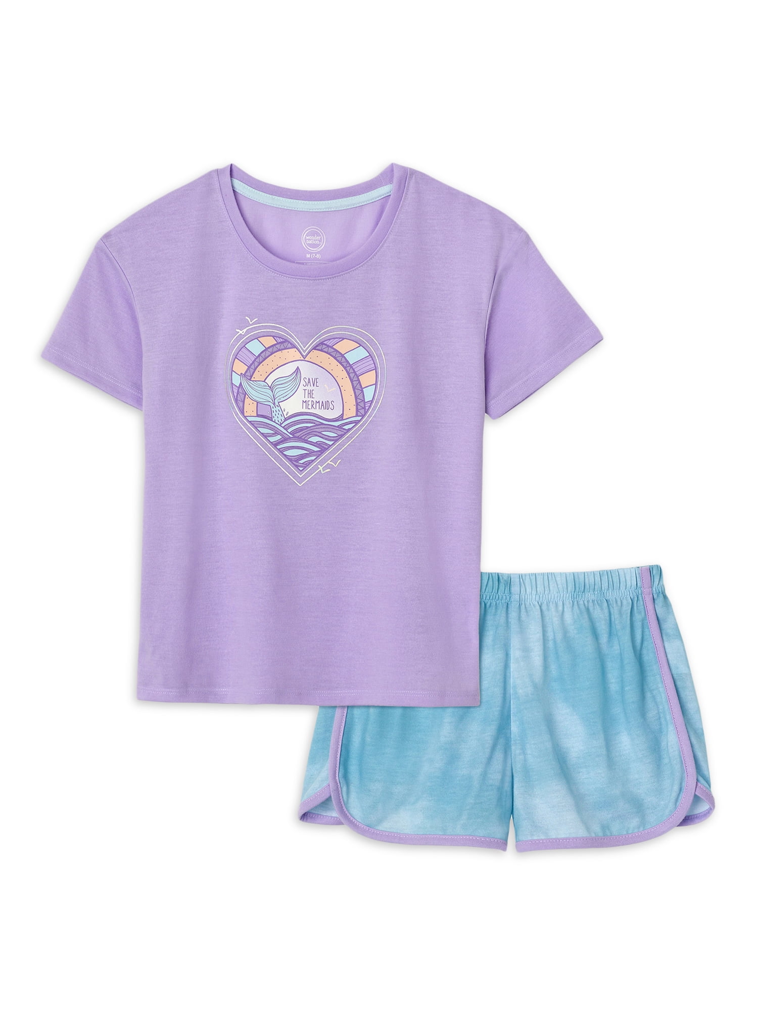 Wonder Nation Girls Short Sleeve Top and Sleep Shorts Pajama Set, 2-Piece, Sizes 4-18 & Plus