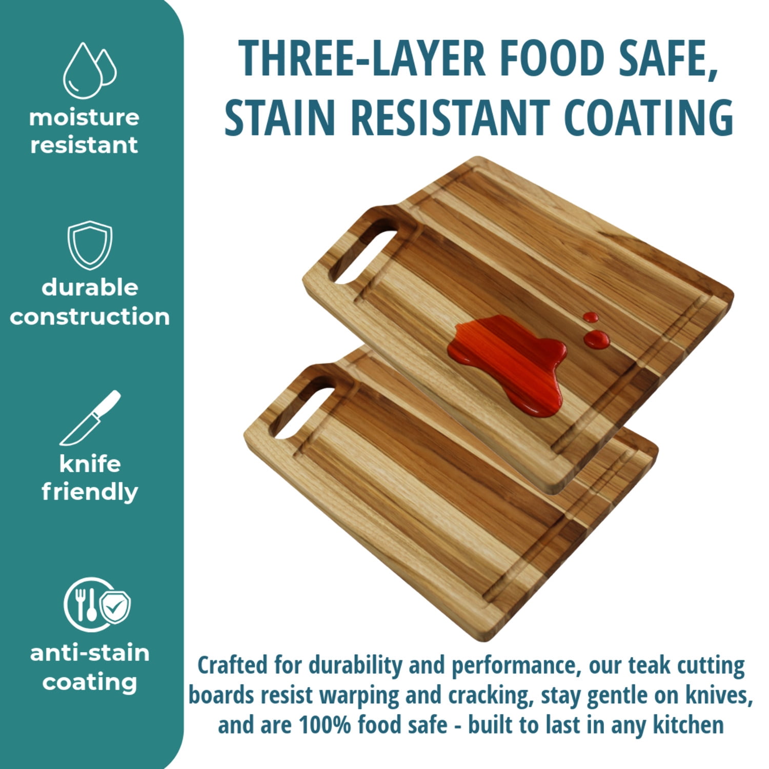 EcoDecors 3 Piece Teak Wood Cutting Board Set with Juice Groove  Handle