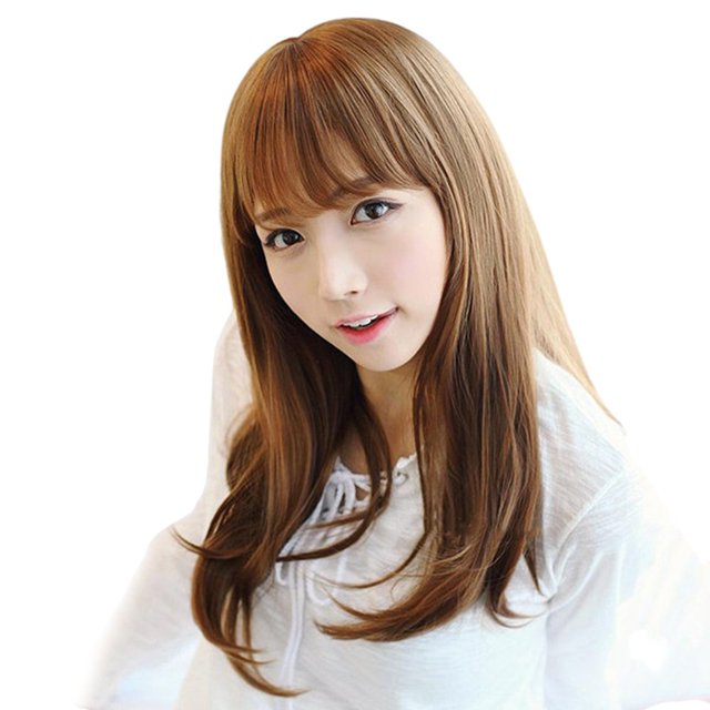 Perruque Marron Clair Cheveux Bouclés Longs Femmes avec Franges d'Air Full Top Set Femelle