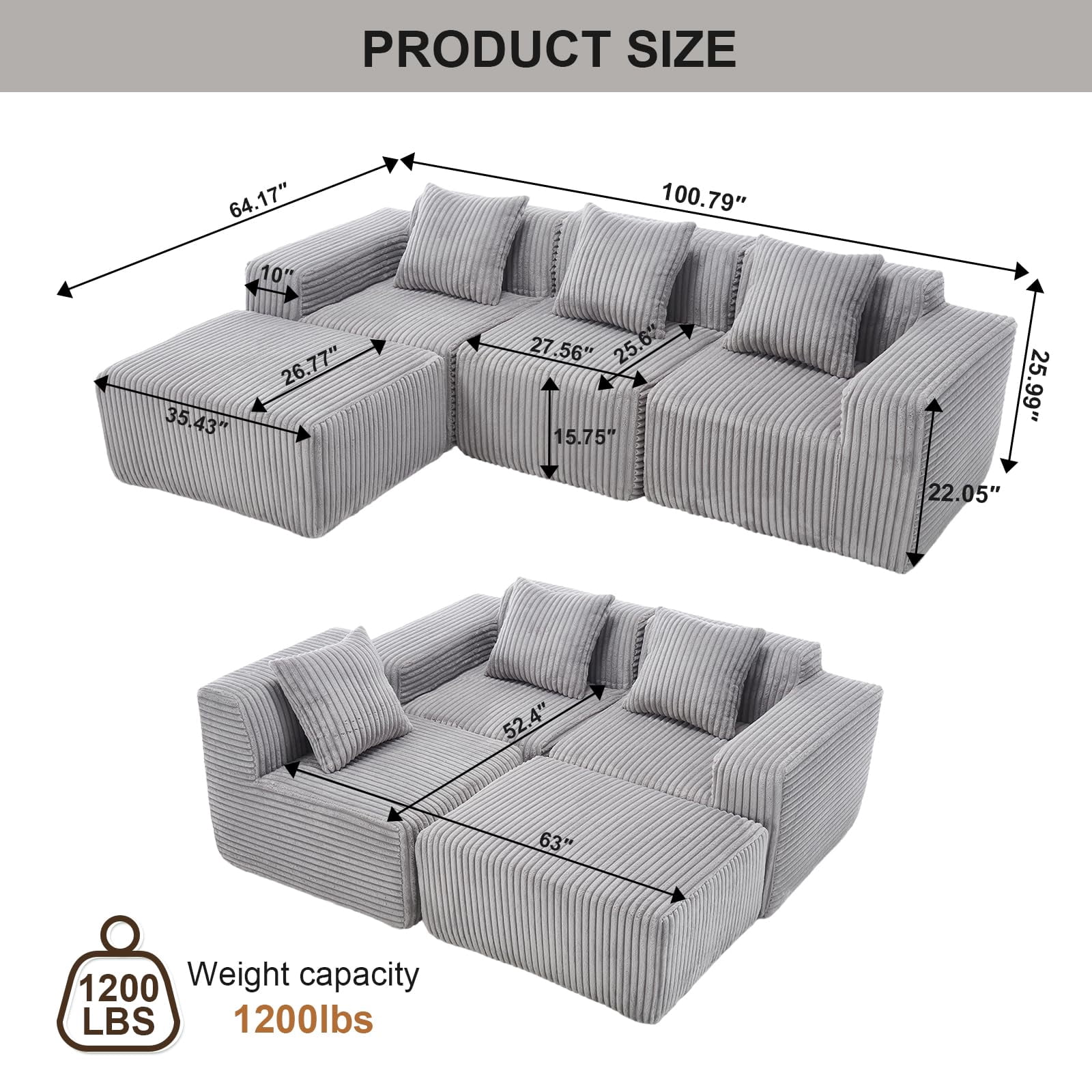 Upholstered Cloud Couch, Modern Minimalist Corduroy Couches for Living Room, Foam-Filled Compressed Sofa,No Assembly Required