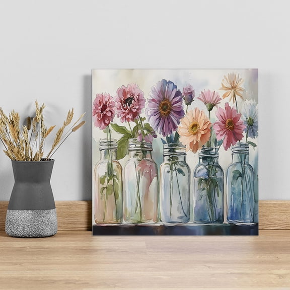 Flowers Leaves Wall Art Painting on Canvas, Farmhouse Botanical Floral Bottle Rustic Canvas Art Home Prints Wall Art Framed Modern Artwork for Living Room Bedroom Wall Decor 8x8in