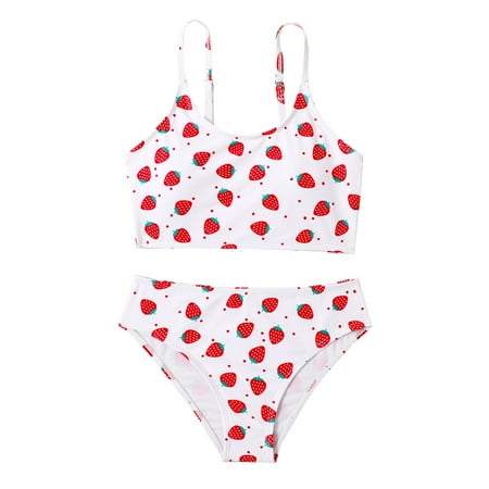 

Toddler Girl 2 Piece Swimsuit Beach Sport Thin Straps Strawberry Print Bikini Swimming Set Bathing Suit Size 7-11 Years