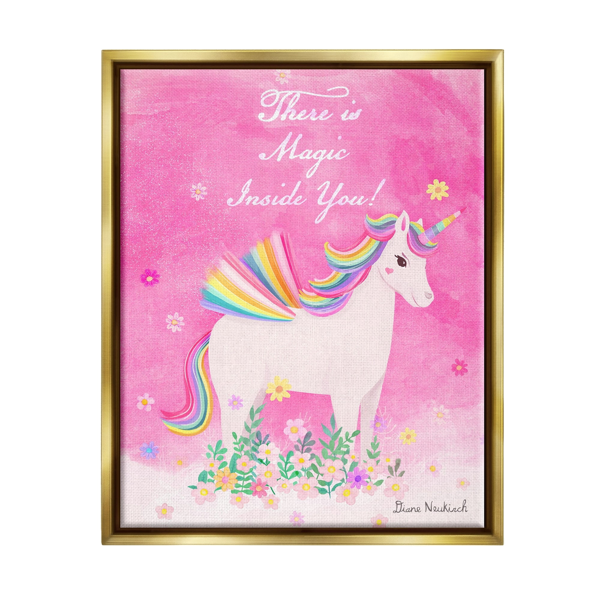 Stupell Industries Magic Inside You Motivational Unicorn Quote Botanical Blossoms Graphic Art Metallic Gold Floating Framed Canvas Print Wall Art, Design by Diane Neukirch