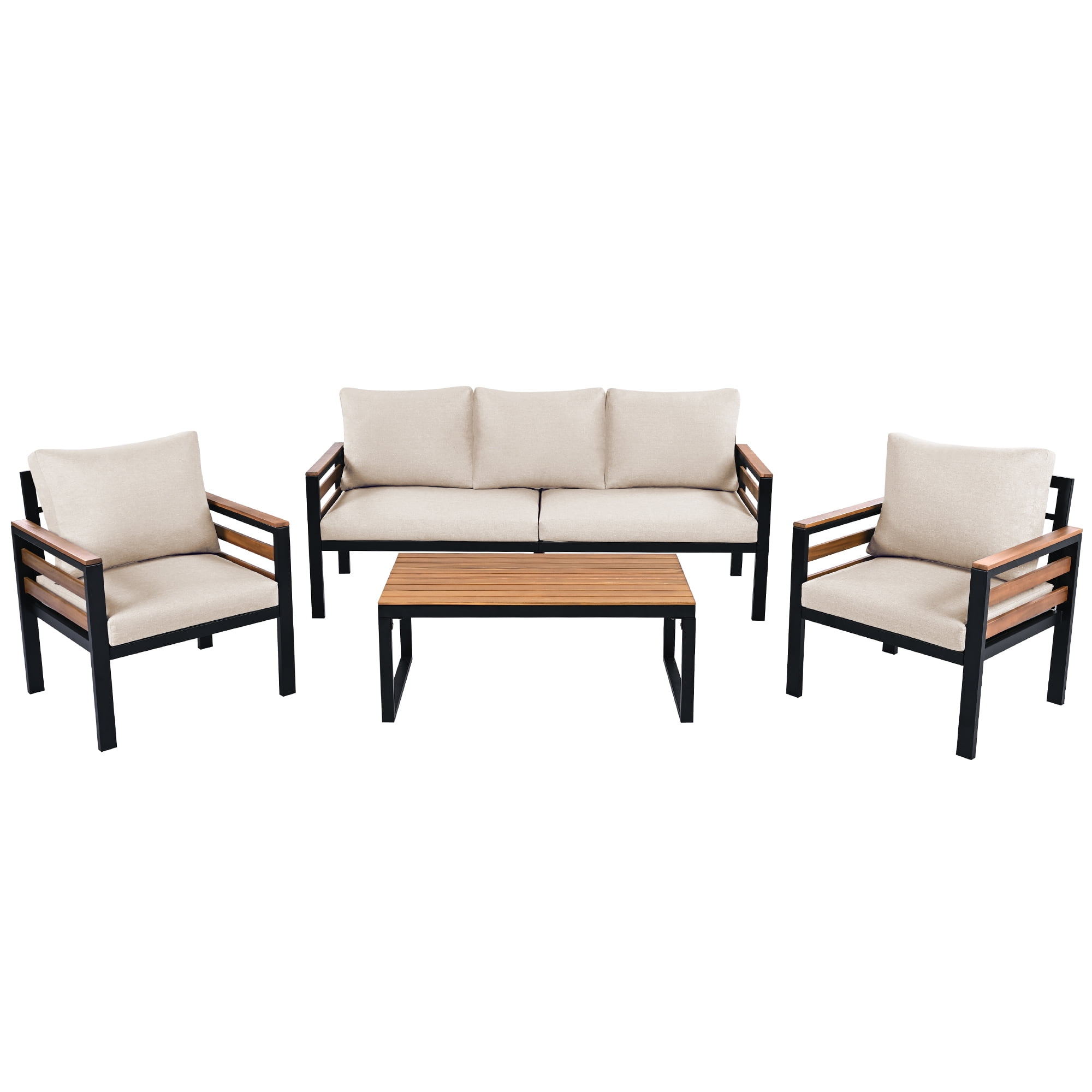 Comfortable 4-Piece Outdoor Patio Conversation Sofa Set with 3-Seat Couch and 2 Armchairs, Acacia Wood Coffee Table with Removable Cushions for Backyard Garden Deck Poolside, Beige