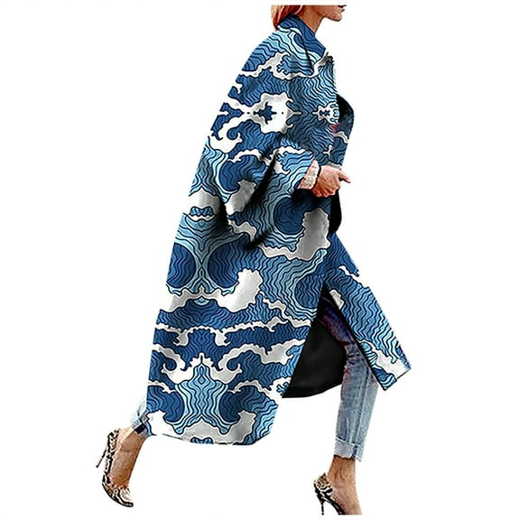 Viikei Plus Size Womens Coats Clearance Coat for Women Winter Printed Pocket Jacket Cardigan Long Trench Coat
