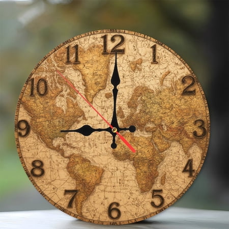 Vintage World Map Wall Clock Antique Style Home Decor 10-Inch Silent Wooden Wall Clock, Battery Operated (AA Batteries Not Included), Artistic Home Decor