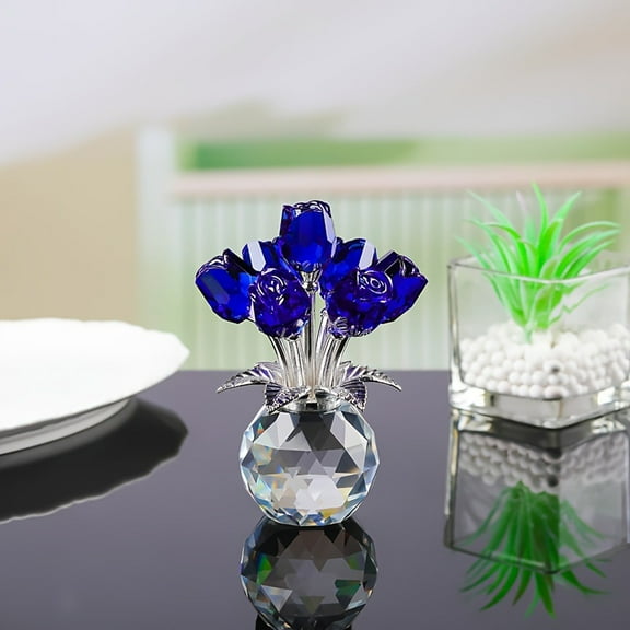 1pcs Blue Rose Figurine Ornament Spring Bouquet Crystal Glass Flowers Gift