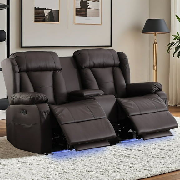 QJTC Loveseat Recliner Chair, Power Reclining Loveseat with Console, 66.3'' Double Recliner Loveseat Sofa with Storage/USB Charging/Lighting/Cup Holders for Living Room, Brown