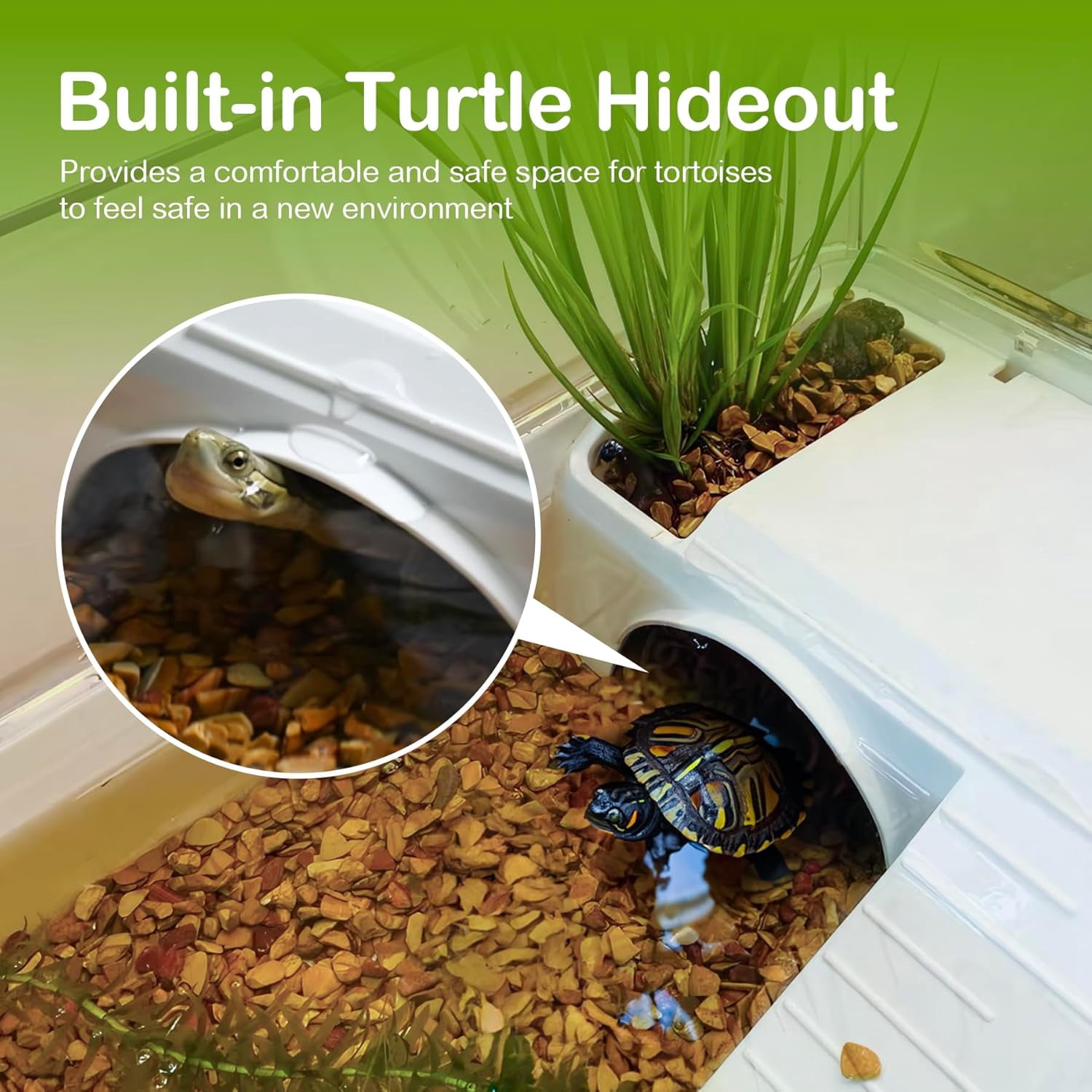 Turtle Tank Acrylic Habitat Kit with Silent Filter & Bottom Drain,UVB Basking Platform Light,Multi-Zone Aquatic Tortoise Enclosure with Hideout,Feeding Area,Plant,Net & Accessories for Baby
