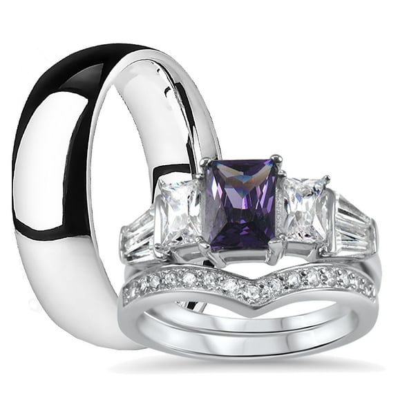 His Hers Sterling Silver Amethyst CZ Bridal Titanium Wedding Band Engagement Ring Set (5/8)