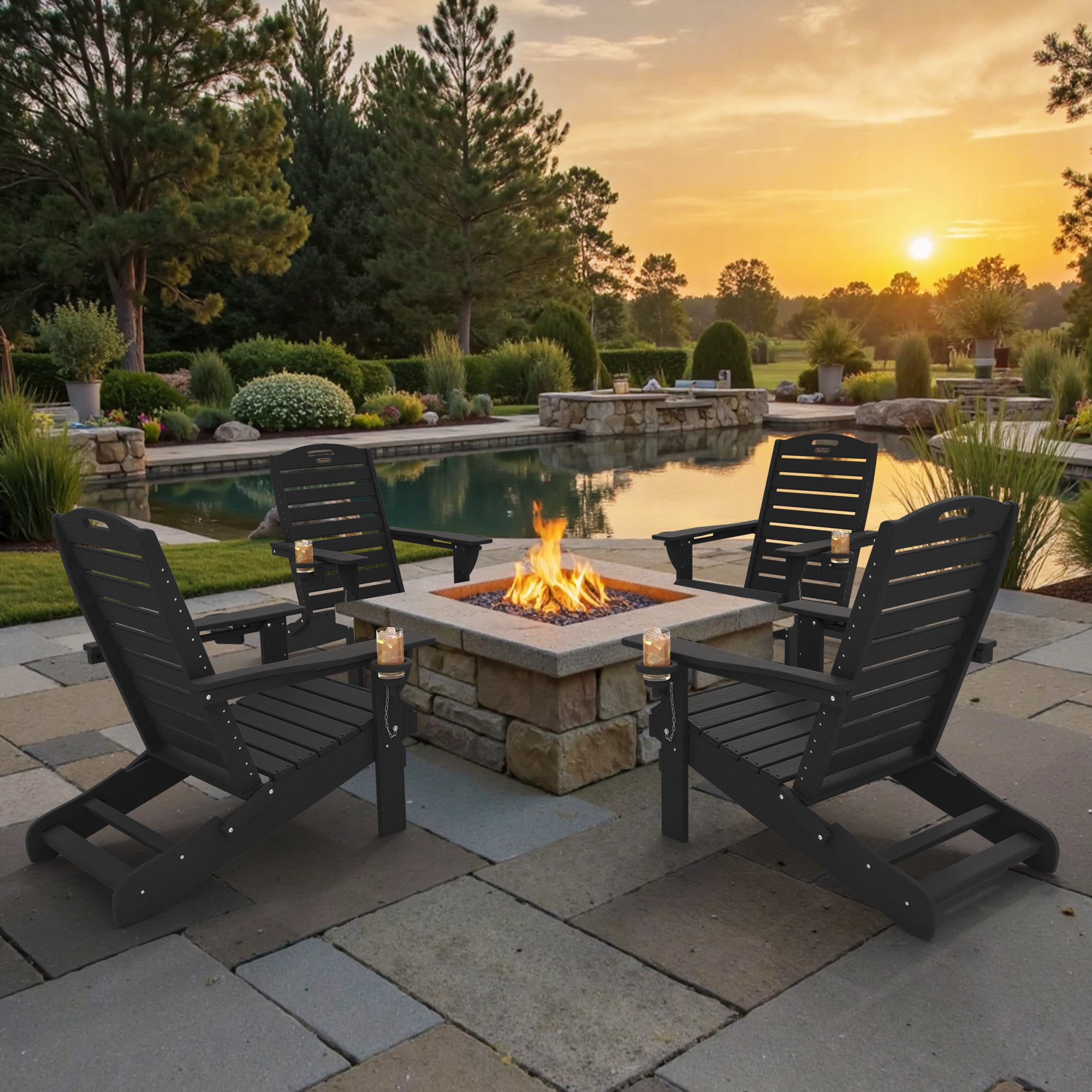 Folding HDPE Adirondack Chair, Weather Resistant Outdoor Fire Pit Patio Chair, Black