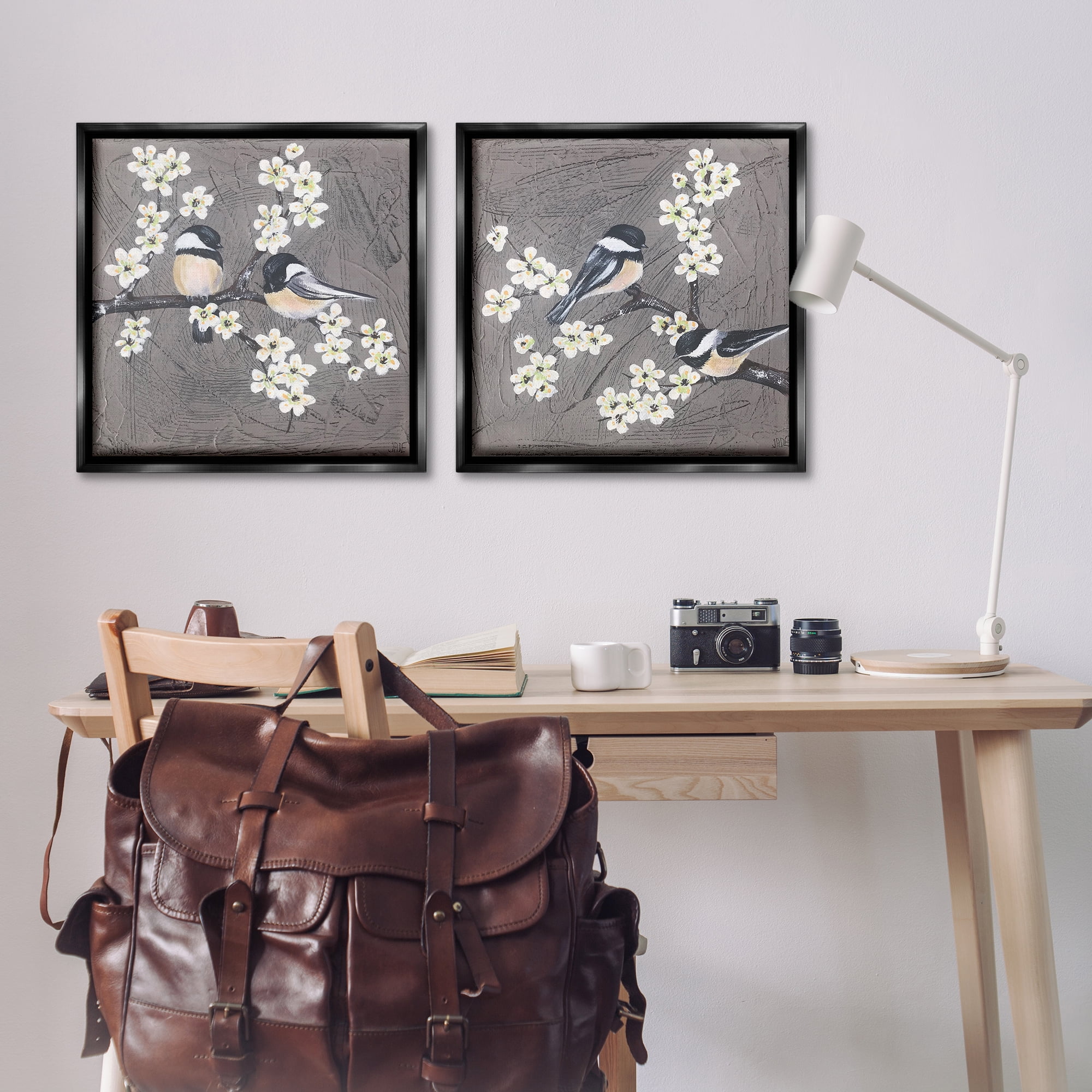 Stupell Industries Chickadee Birds Flowering Branch Animals Painting Black Floater Framed Canvas Art Print Wall Art, 25 x 25, Set of 2