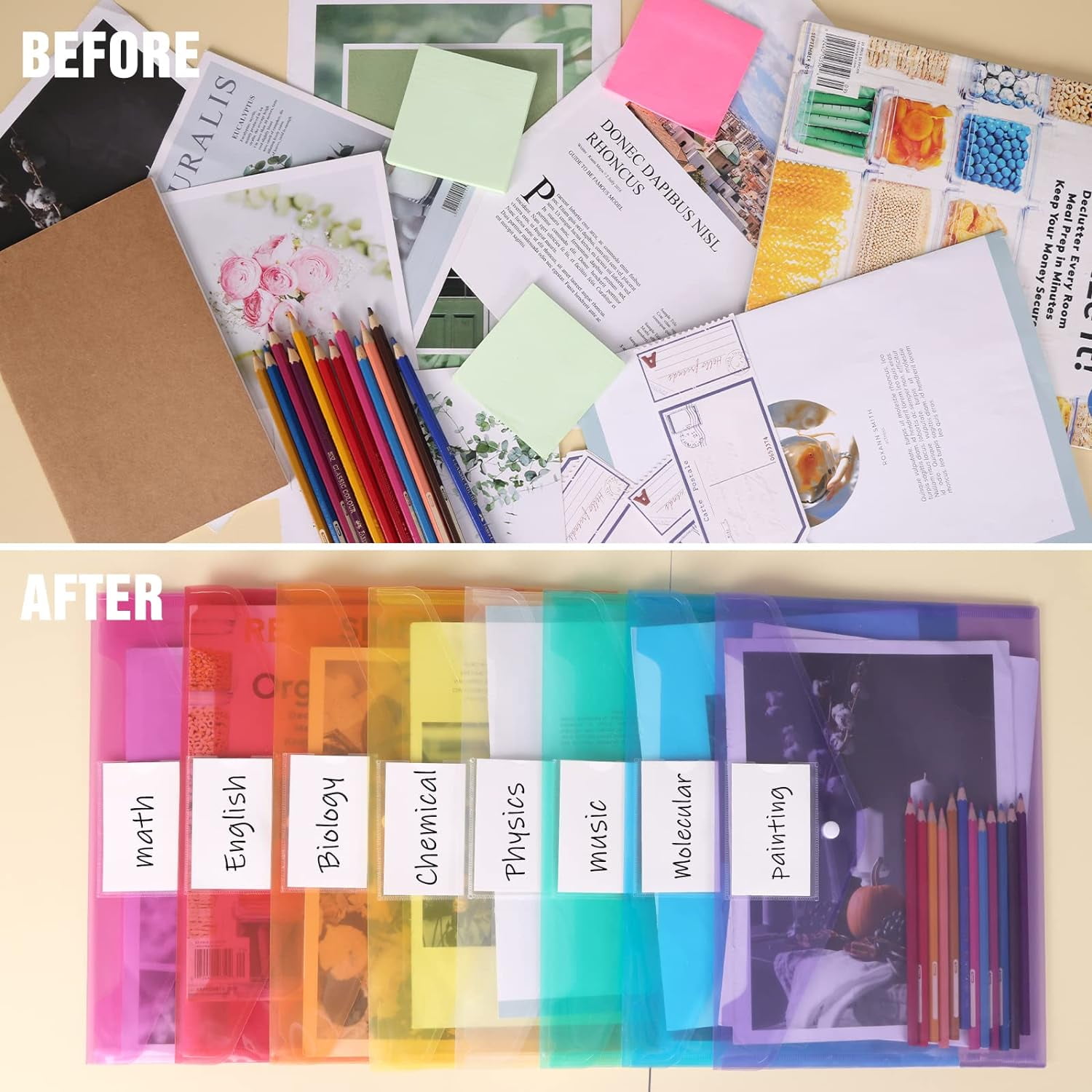 ED 30pcs Plastic Envelopes Poly Envelopes, Document Folders with Snap Button Closure, Letter Size, A4 Size with Label Pocket for School Home Work Office Organization, 6 Colors