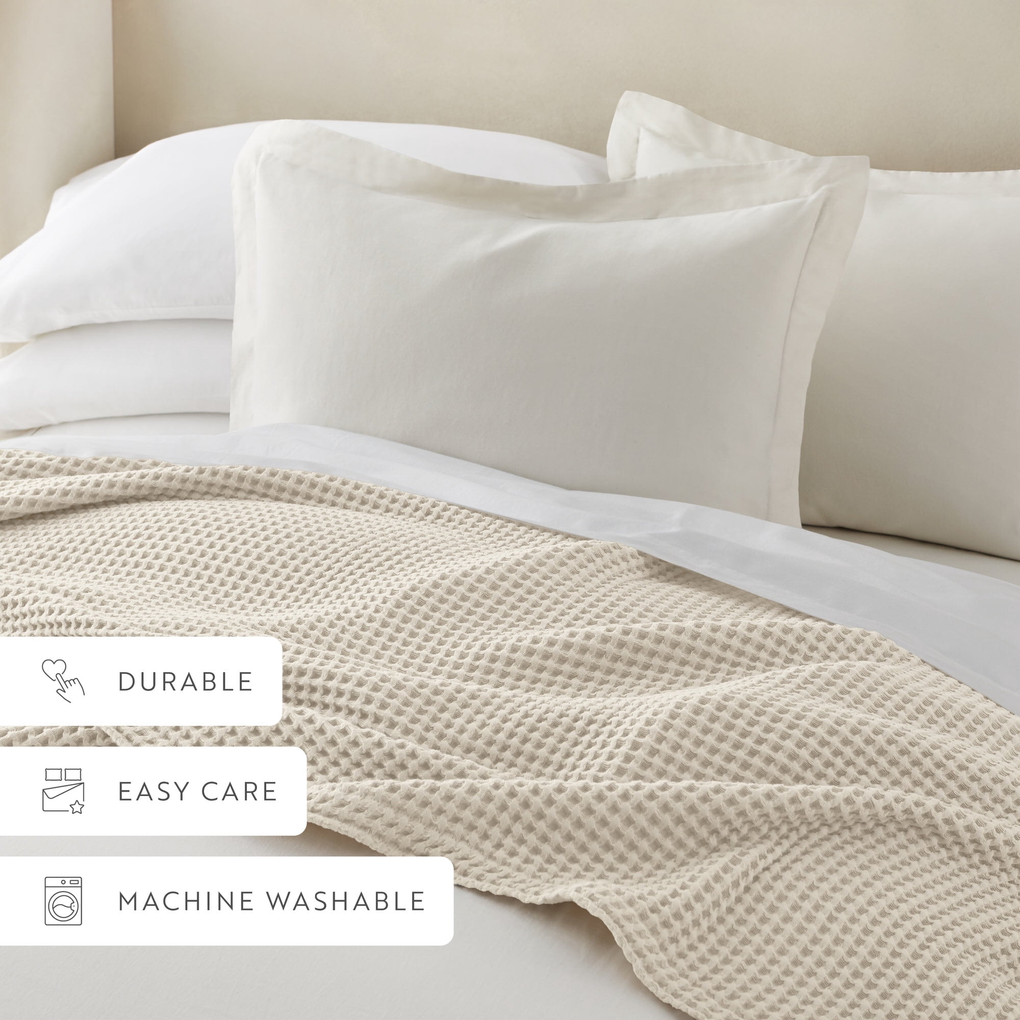 Noble Linens 100% Cotton Waffle Texture Bed Blanket, Natural, King/Cal King