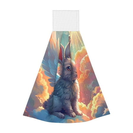 

Zufioo Sunshine Winged Rabbit Print Coral Fleece Velcro Hand Towel Hangable Absorbent Hand Towel Suitable for Kitchen Bathroom Household Items