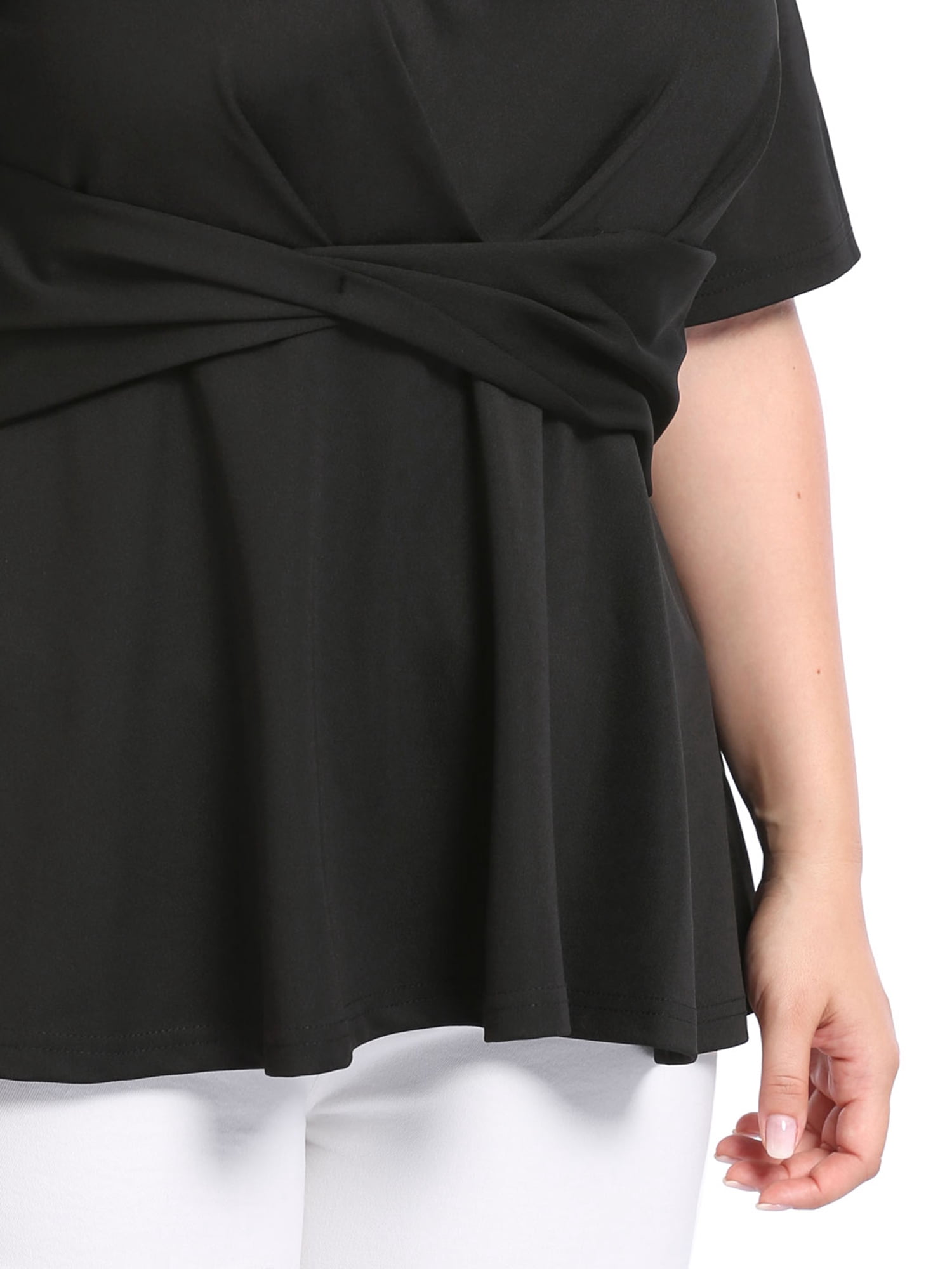 Unique Bargains Women's Plus Size Short Sleeve Solid Outfits Fashion Wrap Peplum Tops 1X Black