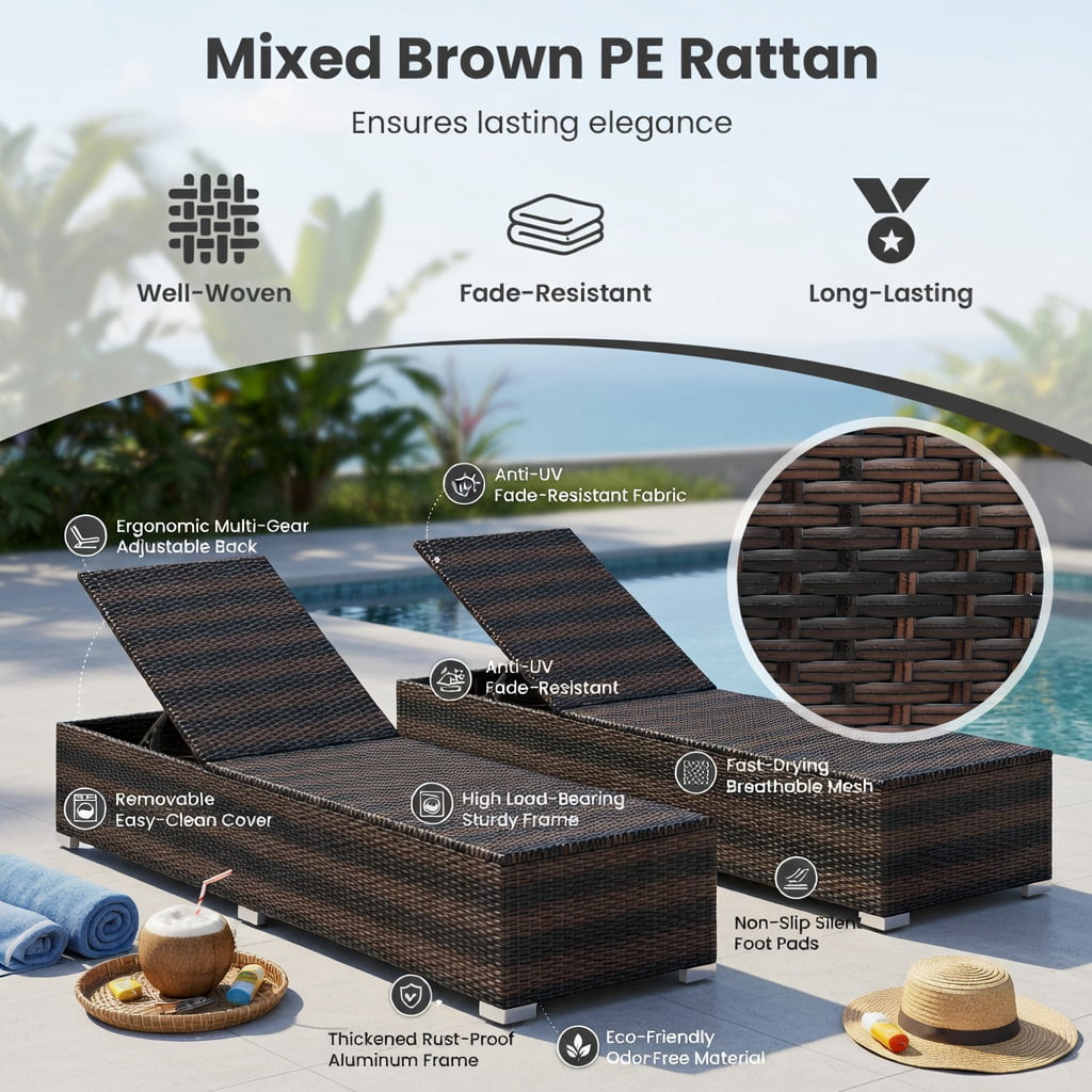 Hommoo Outdoor Wicker Lounge Chair with Adjustable 4-Position Backrest, Extra-Long Gray Cushion & Heavy-Duty Steel Frame, PE Rattan Patio Seating, Brown