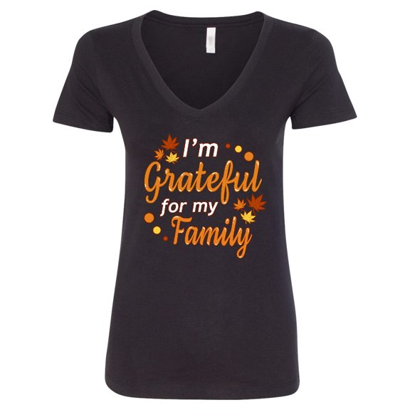 Inktastic I'm Grateful for My Family in Orange with Fall Leaves Women's V-Neck T-Shirt