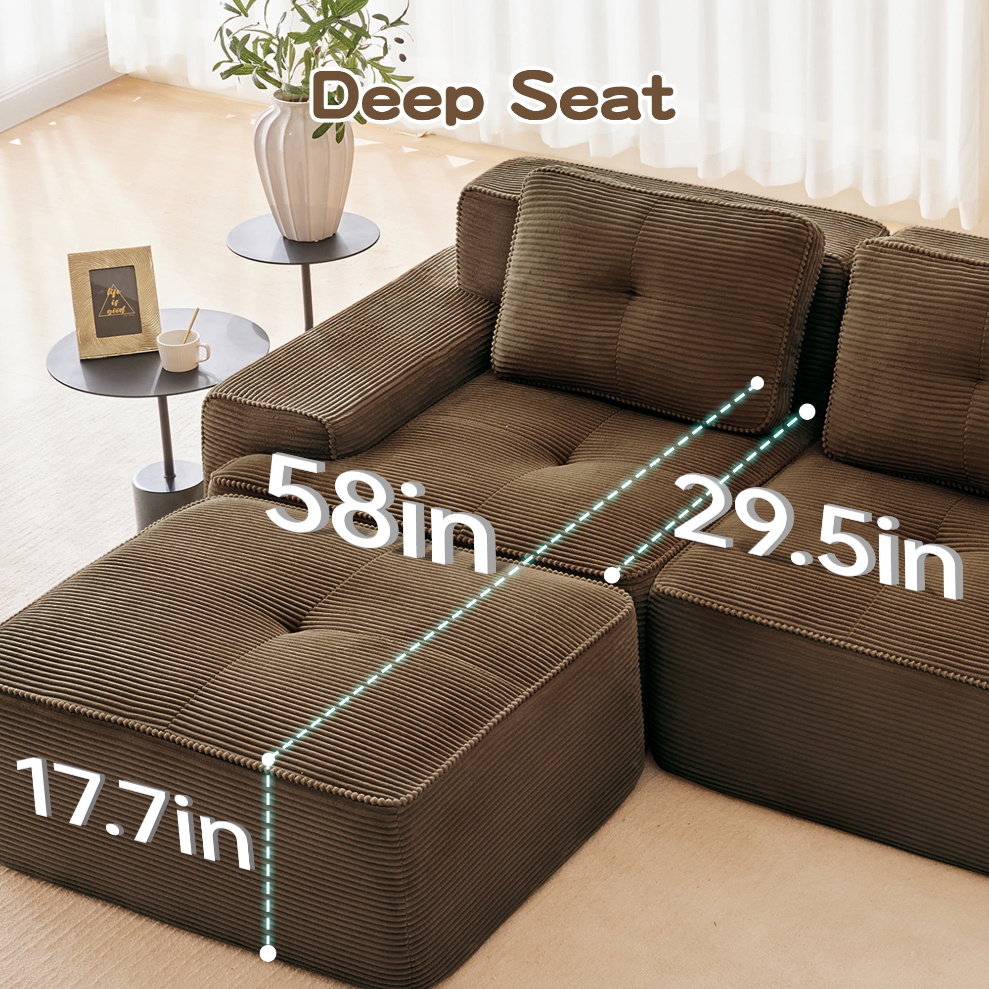 Aukfa 5-Piece Tufted Modular Corduroy Sectional Sofa with Ottoman for Living Room, 128.5" Width 4-Seat Sofa, Brown