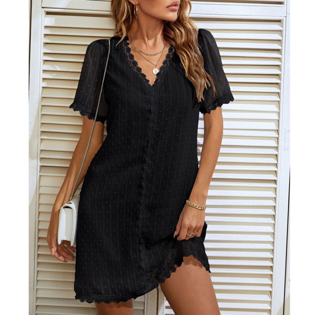 Vestido casual de manga corta con cuello en V,Vestido corto de encaje de verano con cuello en V para mujer Vestido de encaje de manga corta con cuello en V Top de la línea