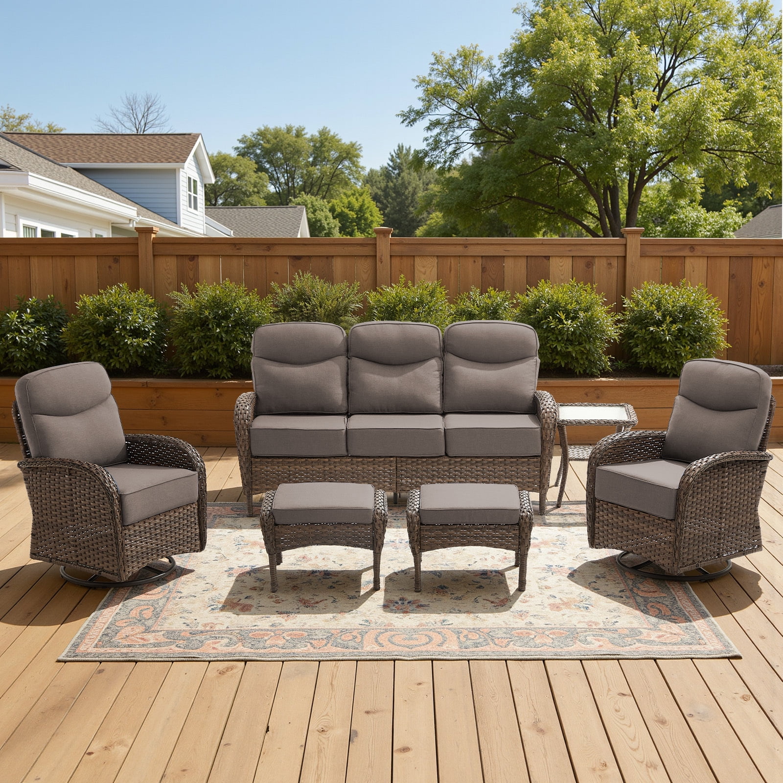 Bellefurn 6-Piece Luxury Patio Furniture Sets with 6-Inch Thick Cushions,High Back Wicker Swivel Rocker Patio Chairs,Outdoor Couch and Ottomans,All-Weather Conversation Set for Porch Deck Yard Pool