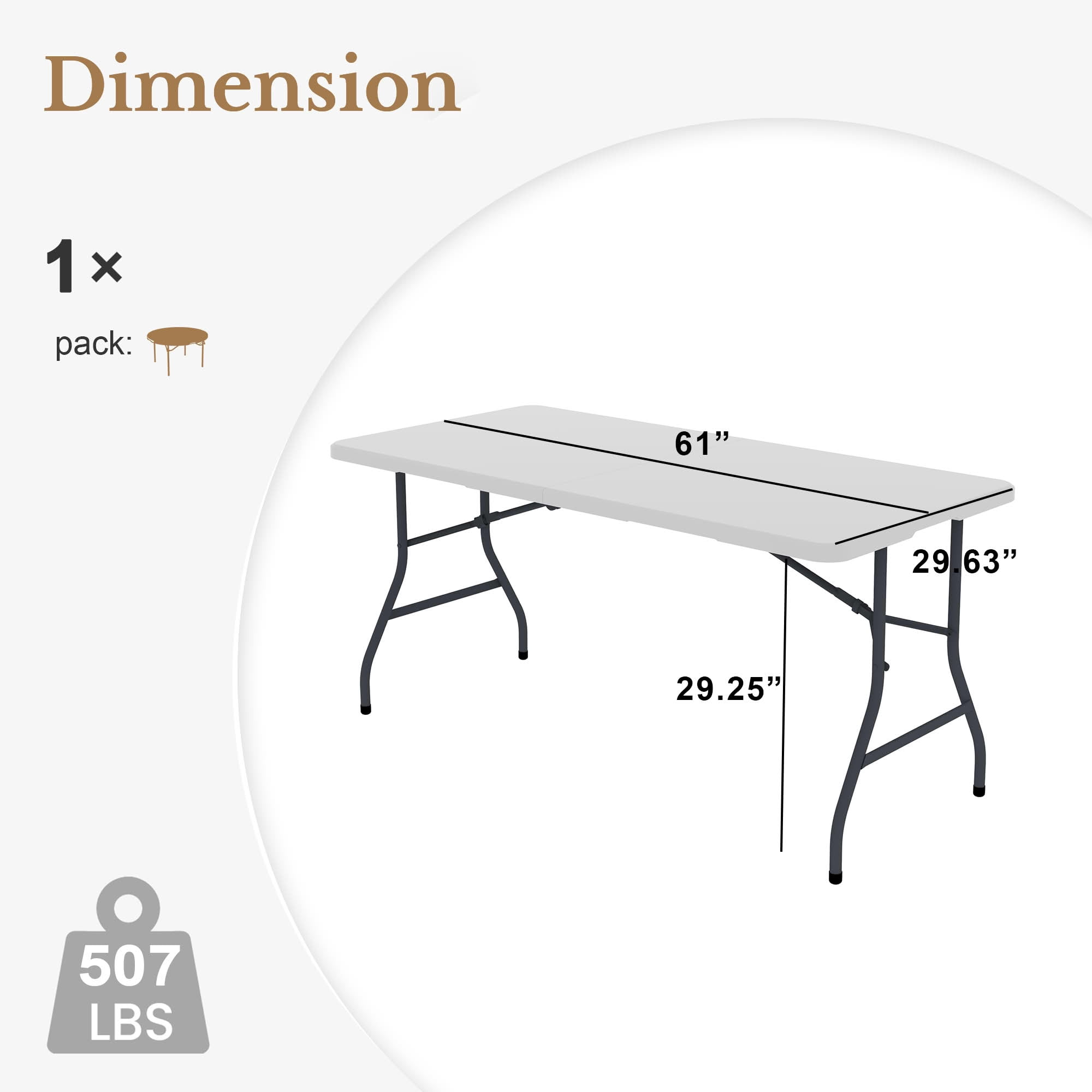 MAYEERTY 5FT White HDPE Fold-in-Half Folding Table, Powder Coated Steel Frame UV Water Resistant Outdoor Portable Table