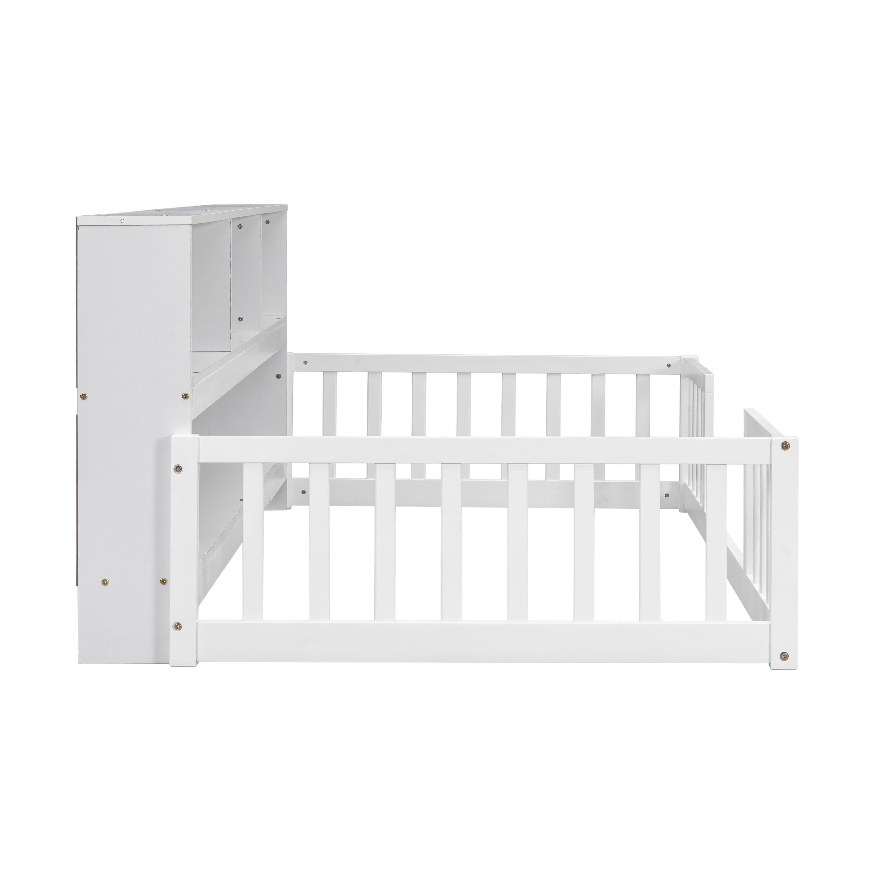 Bellemave Twin Size Floor Bed Frame with Fence and Bookcase Wood Floor Bed Low Montessori Bed Frame with Storage Shelves (Twin, White)