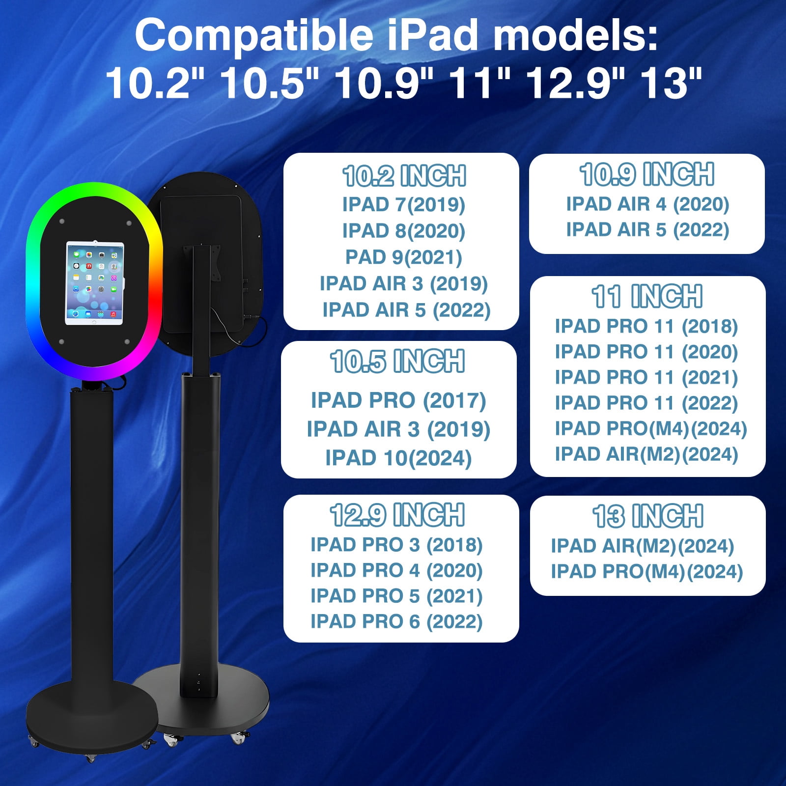 Portable iPad Photo Booth Stand with RGB Ring Light - Compatible with 10.2" to 13" iPad Pro/Air, Party Selfie Station for Weddings & Corporate Events (Black)​