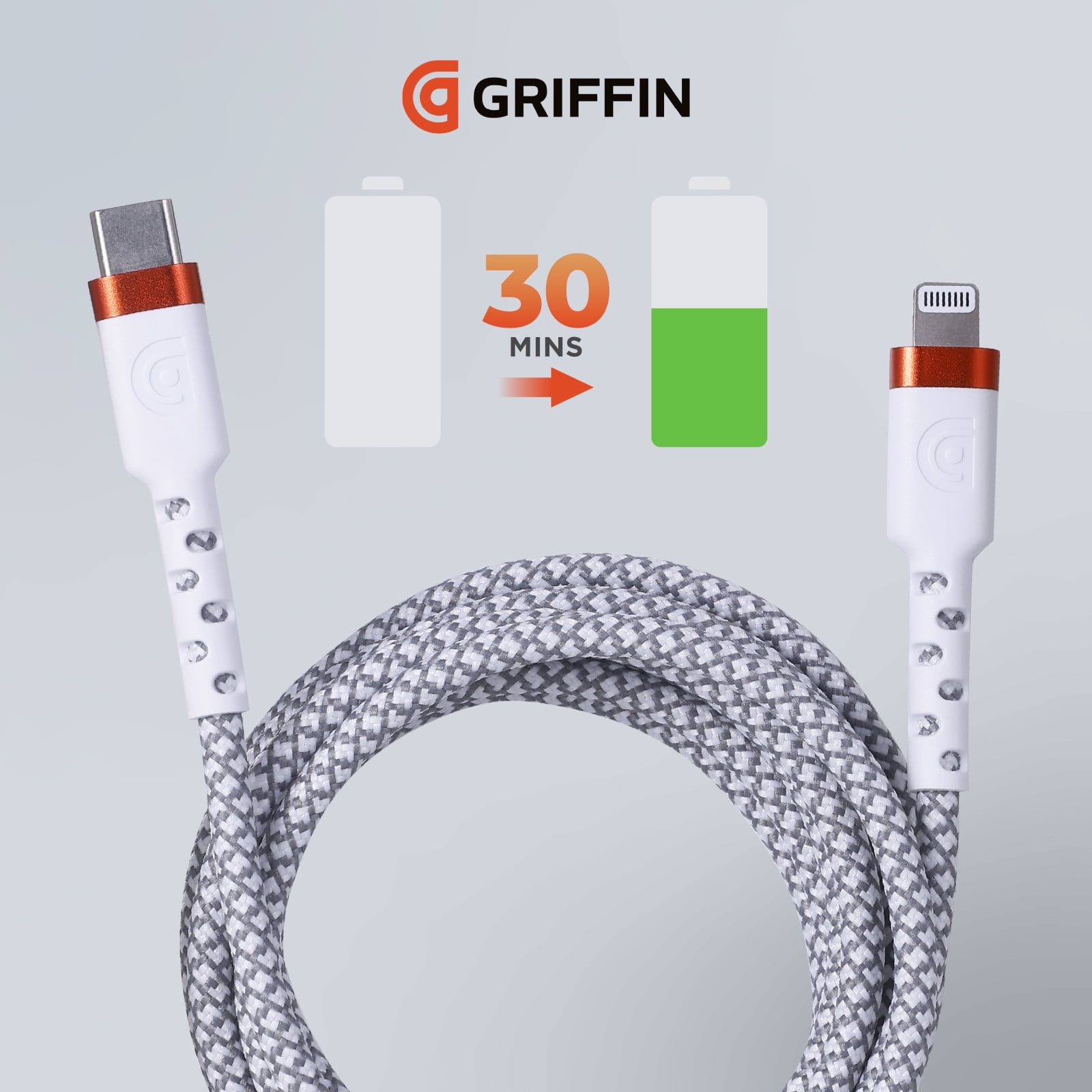 Griffin 6FT Ultra Durable Lightning to USB-C Charge & Sync Cable – 60W Fast Charging, 30,000 Bends Strong, Nylon Braided, Universal Compatibility