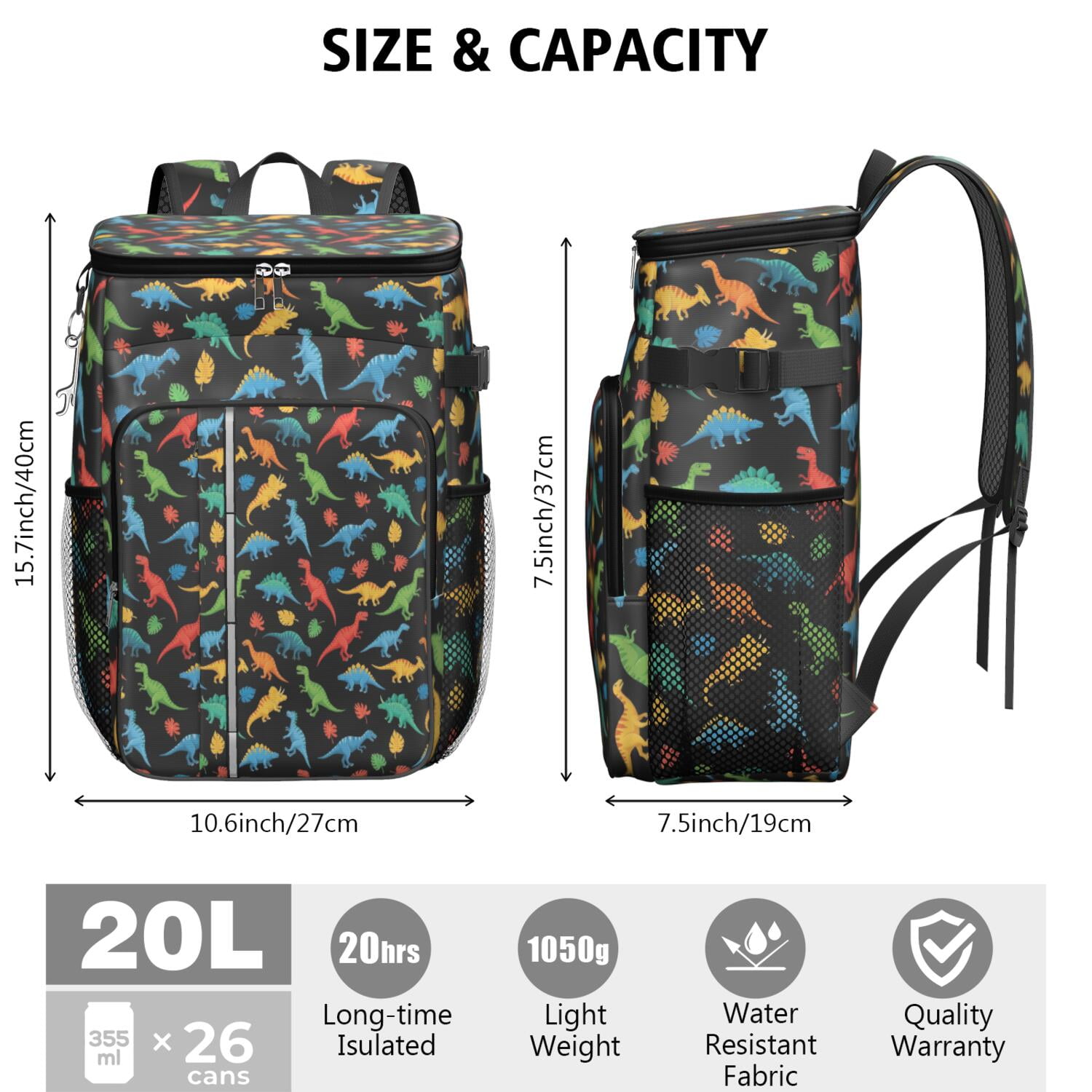 Travel Cooler Bag - Black Cartoon Dinosaurs Colorful Leaves Pattern Camping Beer Cooler Backpack with Bottle Opener- Waterproof Insulated Picnic Backpacks - Cooler Bag for Beach