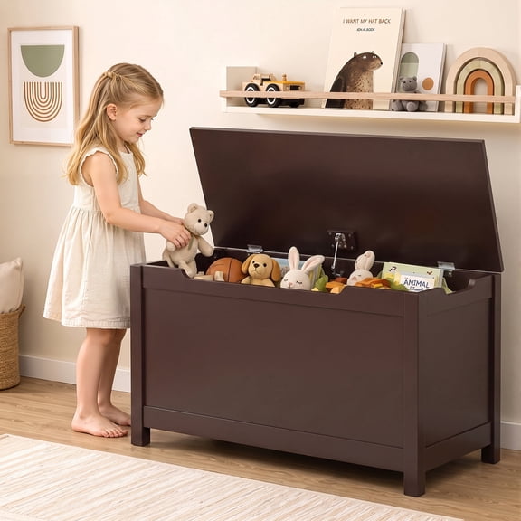 SESSLIFE Wooden Toy Chest for Kids & Toddlers, Toy Storage Box with Safety Hinged Lid, Entryway Storage Bench Supports 160 lbs for Boys and Girls,  Espresso