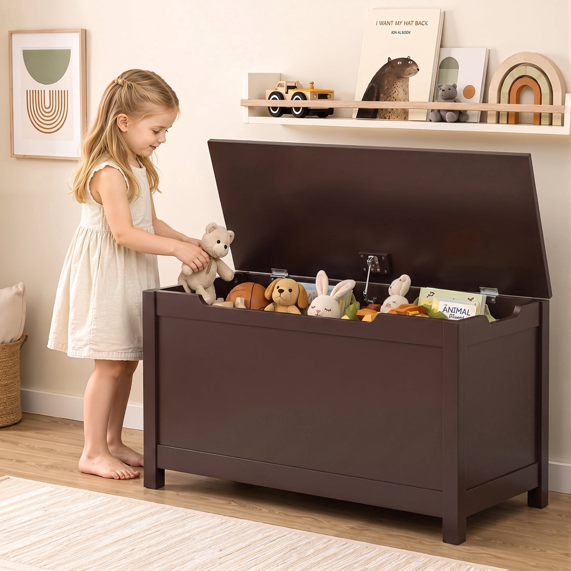 Kids Toy Box for Boys Girls, SESSLIFE Wooden Toy Box with Safety-Hinged Lid, Toy Organizer and Bench for Playroom, Bedroom, or Toddler Room, Supports up to 160 lbs, Espresso