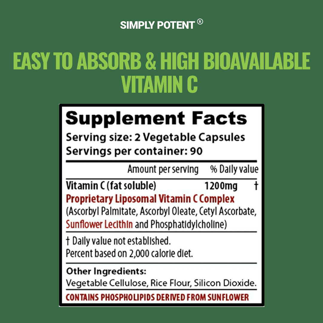Simply Potent Liposomal Vitamin C 1200mg, 180 Capsules for Immune Support and Skin Health