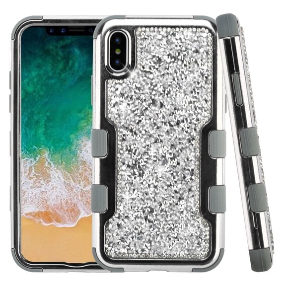 MyBat Tuff Dual Layer Hybrid Rhinestone Diamond Bling PC/TPU Rubber Case Cover for Apple iPhone X XS 2017 - Silver