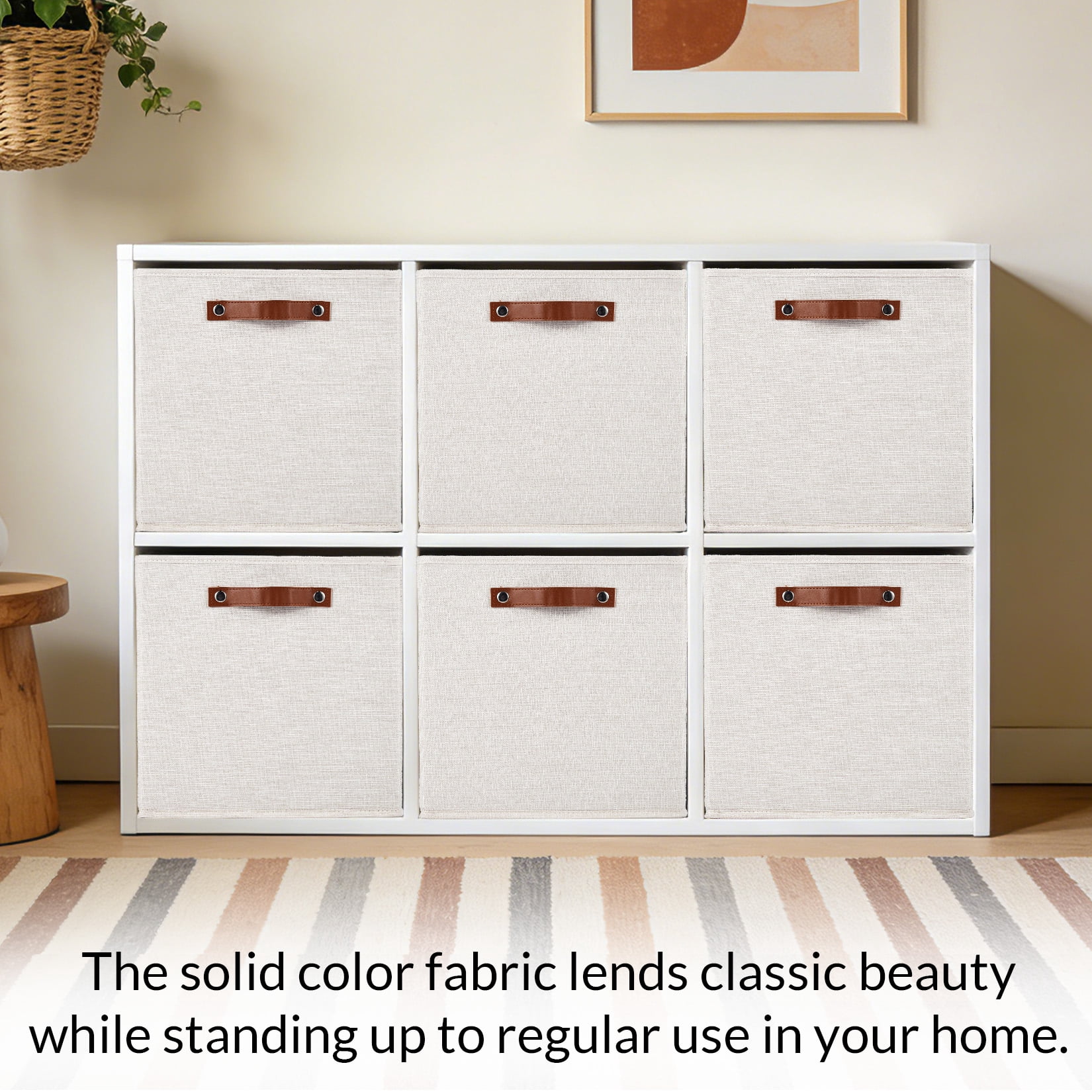 DSstyles Stackable Storage Cube Bins Box Set with Leather Handles, Beige, 6 Pack